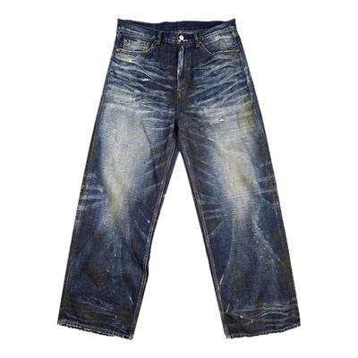 威络残蓝棉麻透气慵懒松弛牛仔裤