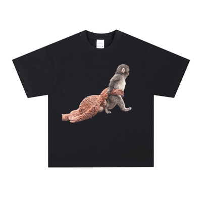 小猴子punch 可爱动物印花短袖复古做旧纯棉透气宽松重磅连帽卫衣