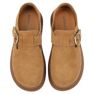 红粉知己复古风厚底全包勃肯鞋女2026春季新款真皮休闲棕色平底鞋