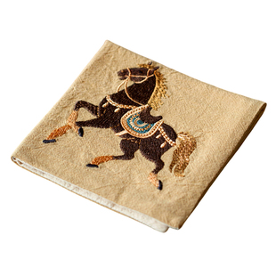 觅白手工刺绣马年茶巾棉麻桌布马到成功抹布壶垫茶席干泡中式配件