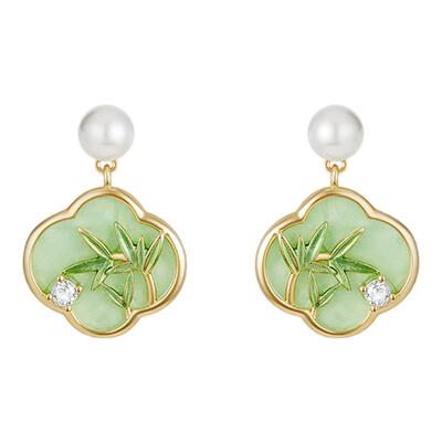 新中式翠竹三角耳夹无耳洞耳环