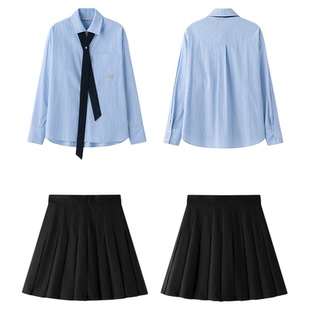 东京岁时记jk秋季新款蓝色条纹衬衫外套学院风交叉领带刺绣衬衣女