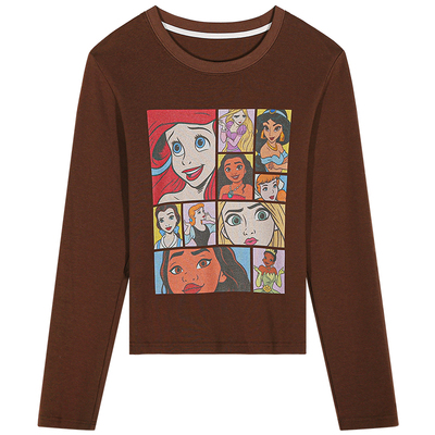 落落狷介咖啡色长袖印花T恤女