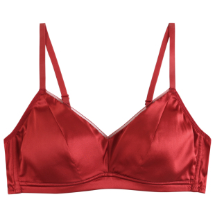 红色内衣女里外桑蚕丝缎面无钢圈法式胸罩新年本命年文胸内裤套装