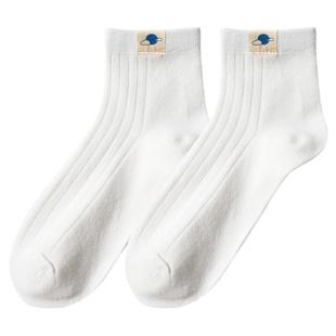 白色布标袜子男士中筒袜夏季ins潮百搭日系简约学院风男运动长袜