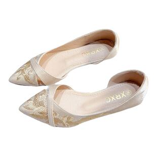 复古新中式尖头平底单鞋女旗袍鞋2026春夏新款刺绣花侧空配裙瓢鞋