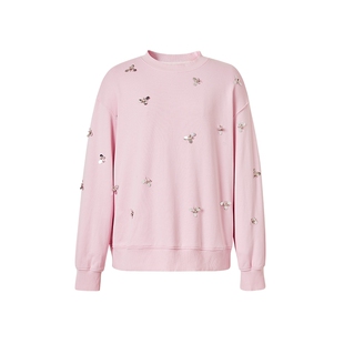 艾诺丝雅诗【樱花心情】春新款上衣套头亮片圆领纯棉卫衣20126004