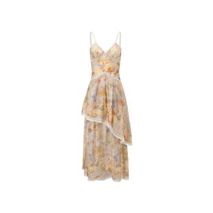 SHRO ENRO 春季新款度假风收腰蕾丝拼接油画印花设计感吊带连衣裙