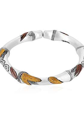 银千造竹报平安非遗镶金手工银手镯女2025新款竹节实心开口银手环