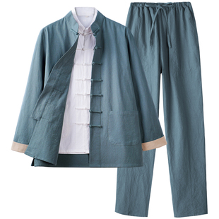 唐装男款中国风棉麻三件套装春秋中式复古盘扣中老年长袖居士汉服