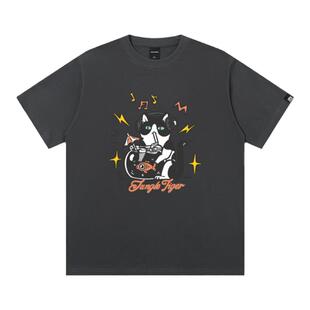 丛林老虎原创插画卡通猫咪情侣t恤夏季新款街头潮牌重磅短袖男女