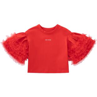 JUZI STORE童装甜美T恤氨纶汗布网纱装饰喇叭袖套头衫女童1125001