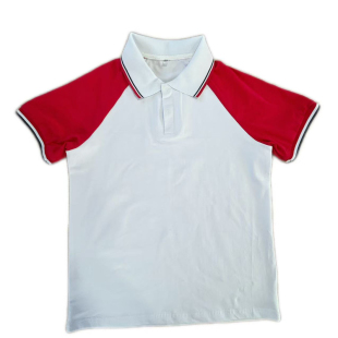 定制中小学生白色拼接大红短袖T恤polo衫翻领校服班服红白蓝杠