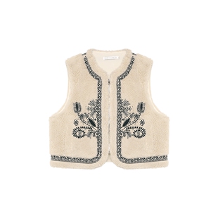 半圆原创女装[复古]2025秋季宽松休闲无袖绣花马甲女