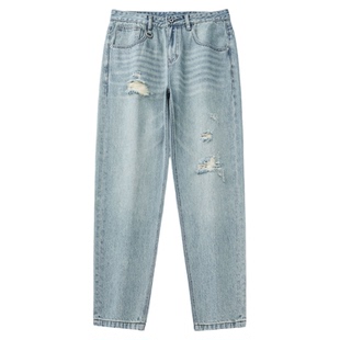 美式复古破洞九分牛仔裤男夏季2026新款猫须马骝水洗锥形裤子男裤