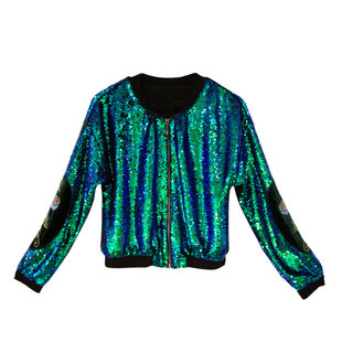 脸儿艺 秋闪闪鳞片孔雀绿色 复古炫彩 夹克 外套