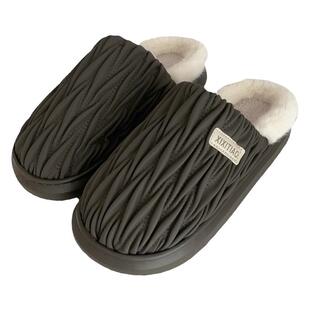 细细条 时尚褶皱PU皮防水男士棉拖鞋保暖家用休闲冬季高级感棉鞋