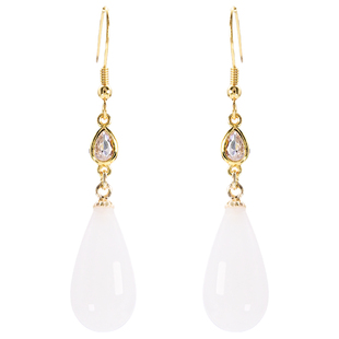 新款天然和田玉白玉兰花苞耳坠S925纯银镀金耳环镶嵌钻古典玉耳饰