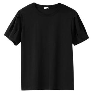 Basic House/百家好后背单排扣灰色短袖t恤女夏大码宽松短款上衣