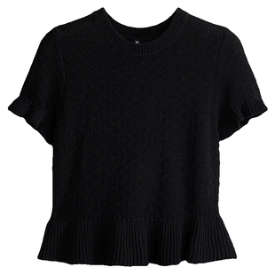 HM女装毛针织衫春季褶边黑白穿搭网眼针织上衣打底衫1271633