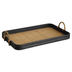 中式复古木制藤编托盘摆件中古风高级感民宿茶室长方形茶盘餐盘子