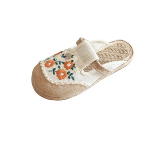 大理小花刺绣图案拖鞋女款夏季绣花鞋平底外穿民族风透气懒人麻拖