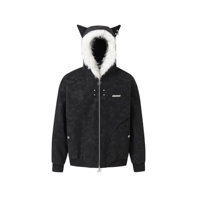 FORNINES可拆毛领猫耳朵棉衣男冬季加绒外套女情侣棉袄皮面防寒服