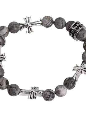 灰色天然石串珠十字架手链女款