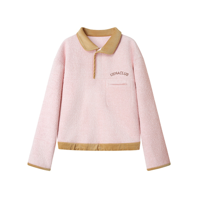 Uena粉色灯芯绒半开拉链立领卫衣