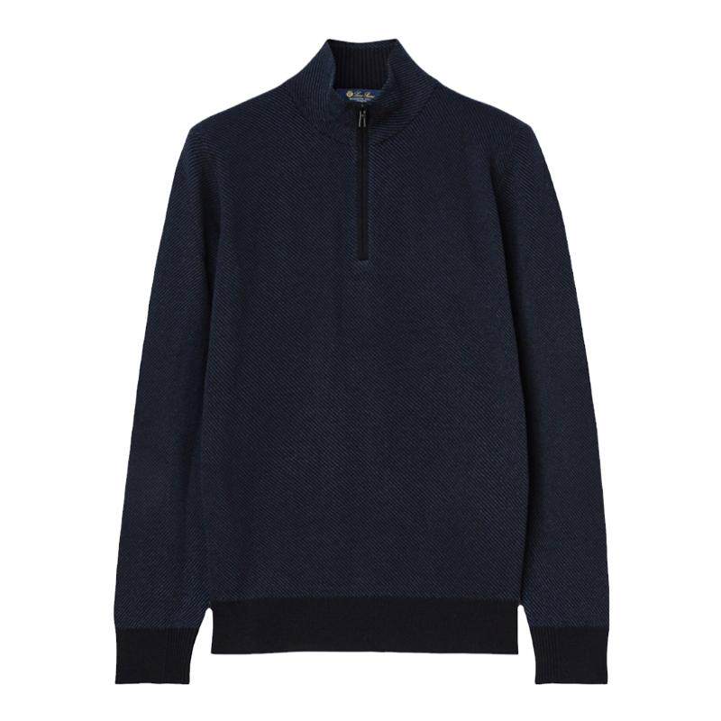 Loro Piana/诺悠翩雅男装拉链领海军蓝色羊绒长袖针织衫