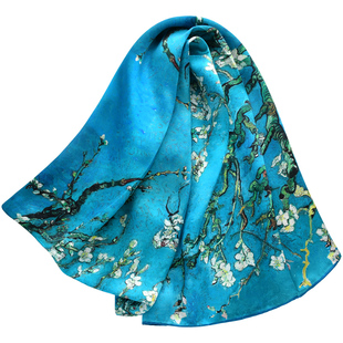 湖蓝杏花油画真丝长丝巾女桑蚕丝领巾围巾披肩礼盒杭州丝绸伴手礼