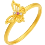周六福黄金戒指女梦幻花蝶蝴蝶5G足金红宝石黄金镶嵌新年礼物官方