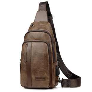 正品袋鼠男士胸包USB斜挎包真皮2025新款时尚单肩包斜肩包挎包潮