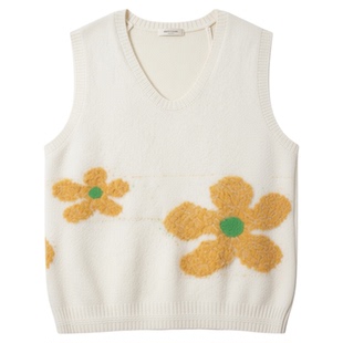 米杏色V领花朵针织马甲背心女秋冬新款叠穿木耳花边T恤七分裤套装