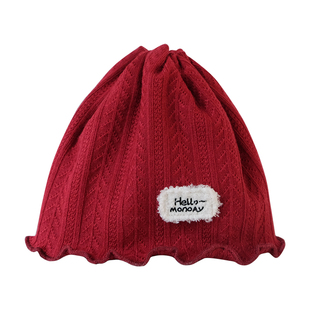 婴儿帽子红色新西兰羊绒提花针织保暖新生儿小月龄男女宝宝胎帽冬