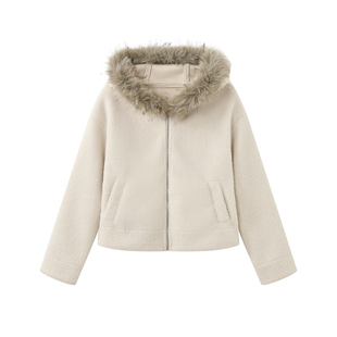 荒荒家小颗粒毛绒茸外套2025冬季新款宽松休闲时尚连帽毛呢大衣女