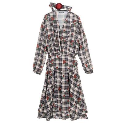 凯莉欧复古玫瑰格纹碎花连衣裙