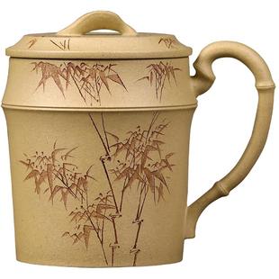 高端宜兴原矿紫砂茶杯名家李建军纯手工刻绘盖杯 本山绿泥220cc