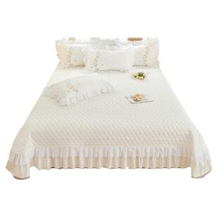 韩式花边纯色夹棉床盖单件白色公主风榻榻米床铺盖三件套四季通用