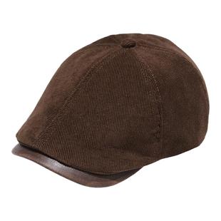 韩国灯芯绒鸭舌帽子秋冬男女PU拼接英伦复古贝雷帽大头围前进帽