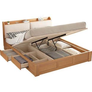 北欧日式白橡木床高箱储物实木床1.8米软包靠背可拆双人床