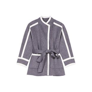 线上限定Maje秋冬女装法式时尚绵羊毛灰色腰带款中长款毛呢外套