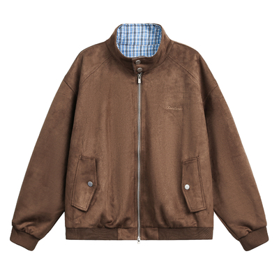 阿于呆拼接格子美拉德麂皮绒外套