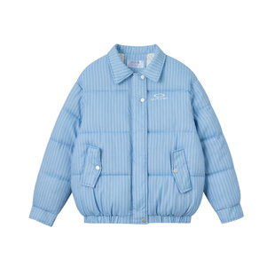 蓝色条纹无帽棉服女2026冬季新款韩版学生宽松面包服棉衣加厚外套