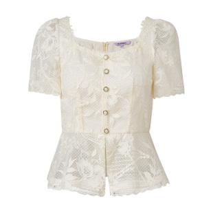 MAXRIENY波嬉风镂空蕾丝方领上衣女高级气质感修身显瘦25夏季女装