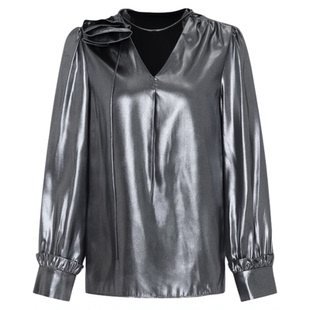 莱芙艾迪儿法式V领职业衬衣新款乱麻烫银梭织雪纺上衣女