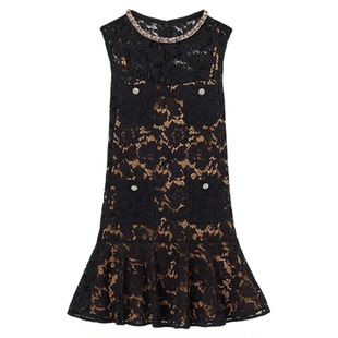 self-portrait 2026春夏新款经典黑彩钻圆领无袖蕾丝连衣裙短裙