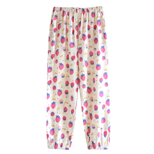 全棉磨毛女款睡裤初秋春季薄绒布卡通小熊居家单件长裤子束口防风