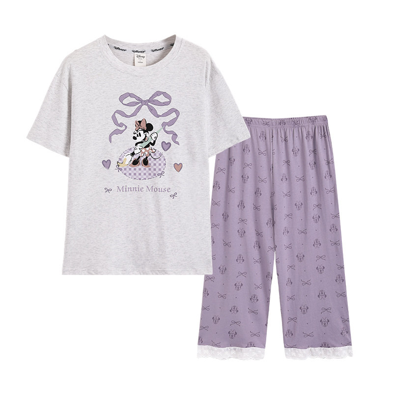 Disney迪士尼夏季纯棉短袖七分裤带胸垫卡通动漫大码女家居服0518