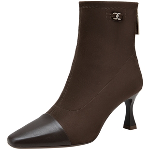 【静音系列】千百度羊皮弹力袜靴女百搭冬季气质细高跟时装短靴子